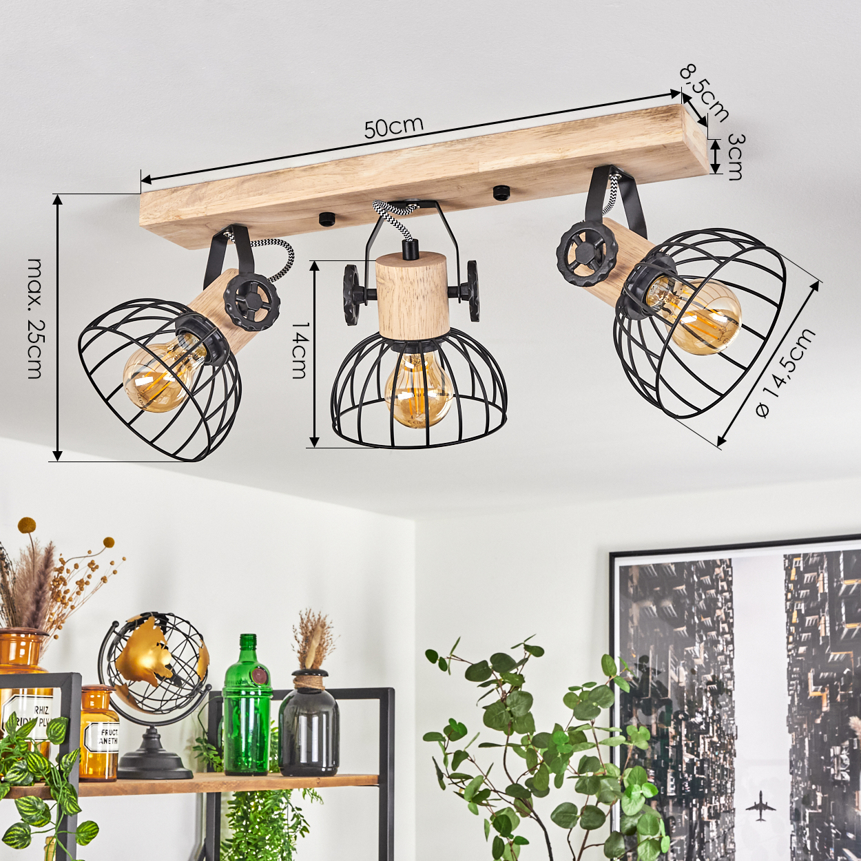 Holzdeckenleuchte mit drei schwarzen Drahtkörben und Holzdetails.