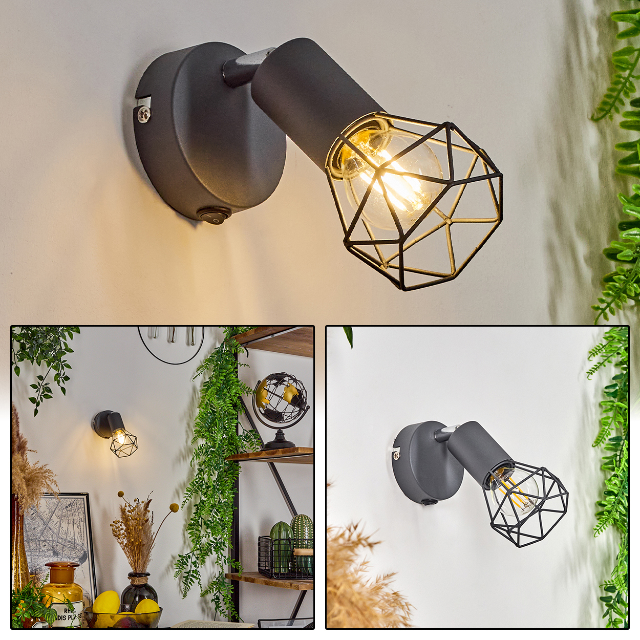 Moderne schwarze Wandleuchte mit Käfigschirm und Edison-Glühbirne.