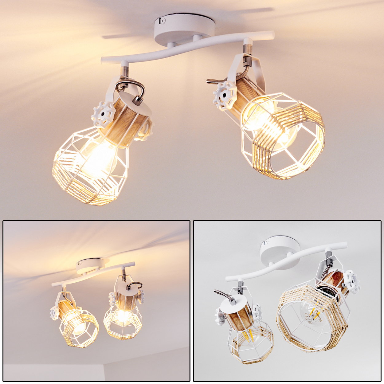 Zwei weiße Deckenstrahler mit Holzdetails und geflochtenen Lampenschirmen.