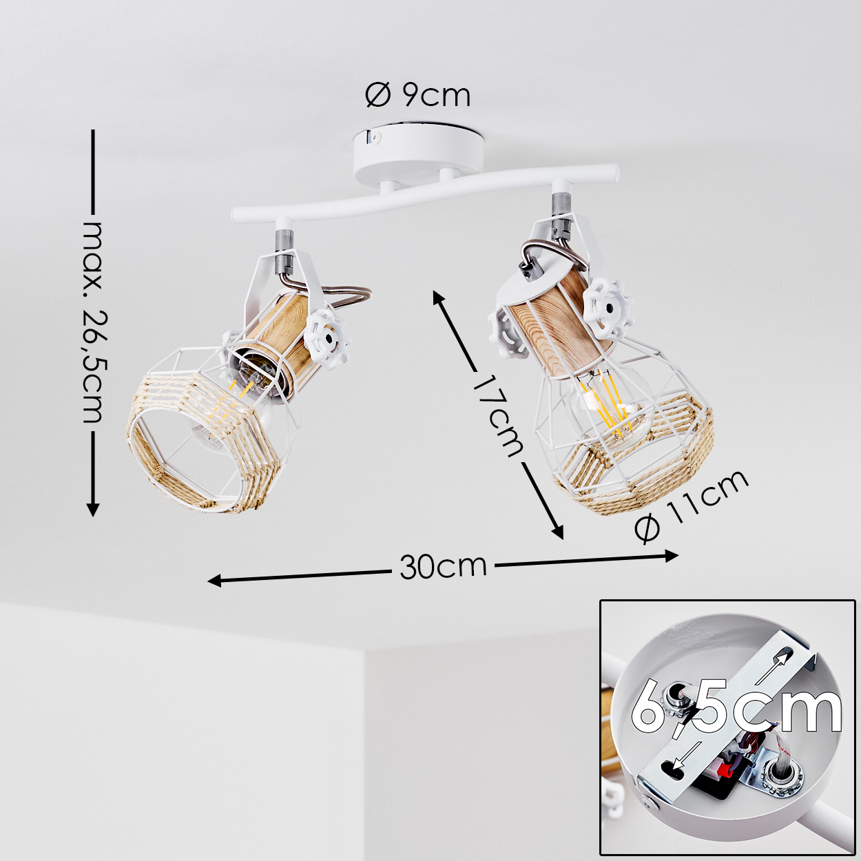Zwei weiße Lampen mit Holzdetails an einer Deckenstange, Maße markiert.