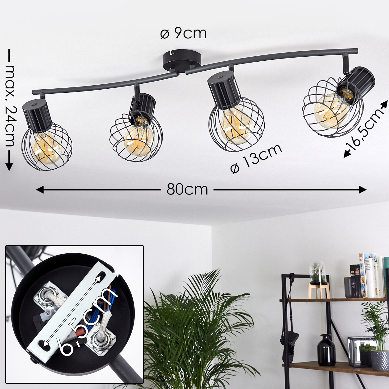 Schwarzer Deckenstrahler mit vier Lampen, Drahtkörben und Maßen.
