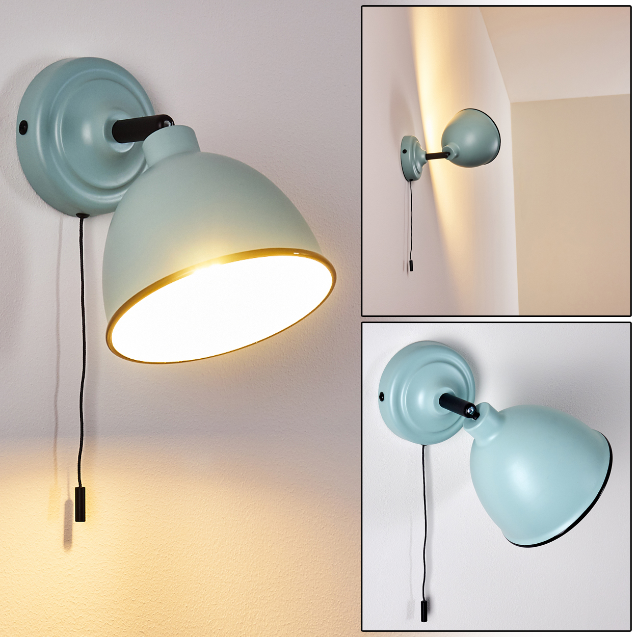 Eine hellblaue Wandleuchte mit goldenem Rand leuchtet.