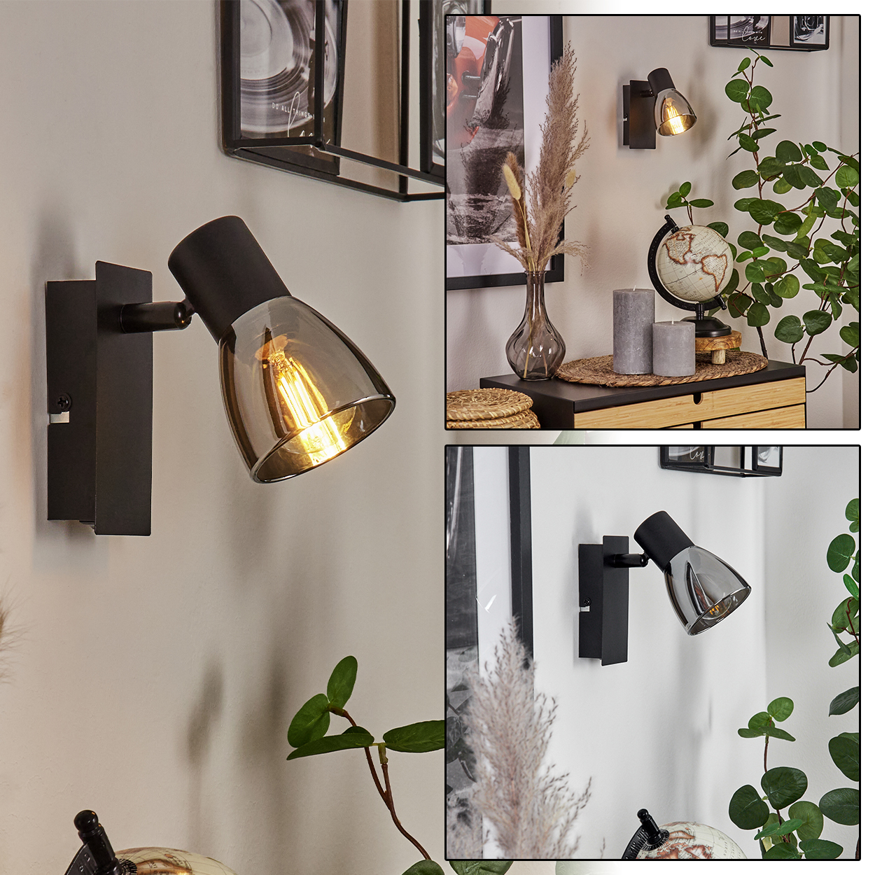 Eine schwarze Wandleuchte mit Glasschirm und sichtbarer Glühbirne beleuchtet eine Wand.