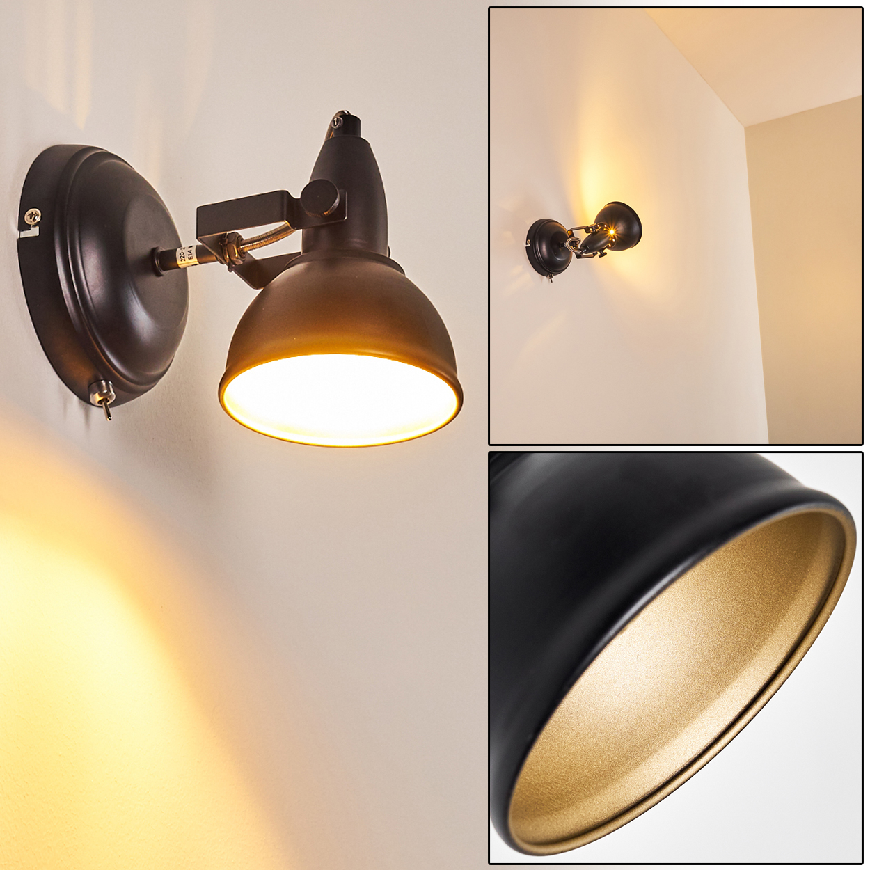 Dunkelbraune Wandleuchte mit verstellbarem Arm und Lampenschirm, der goldenes Licht abstrahlt.