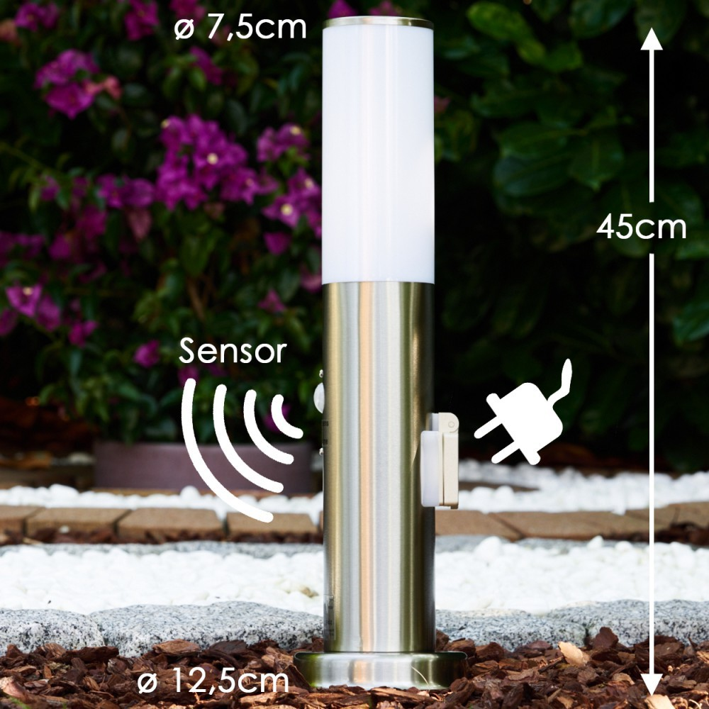 Edelstahl-Gartenleuchte mit Sensor, 45cm hoch, Ø 7,5cm.