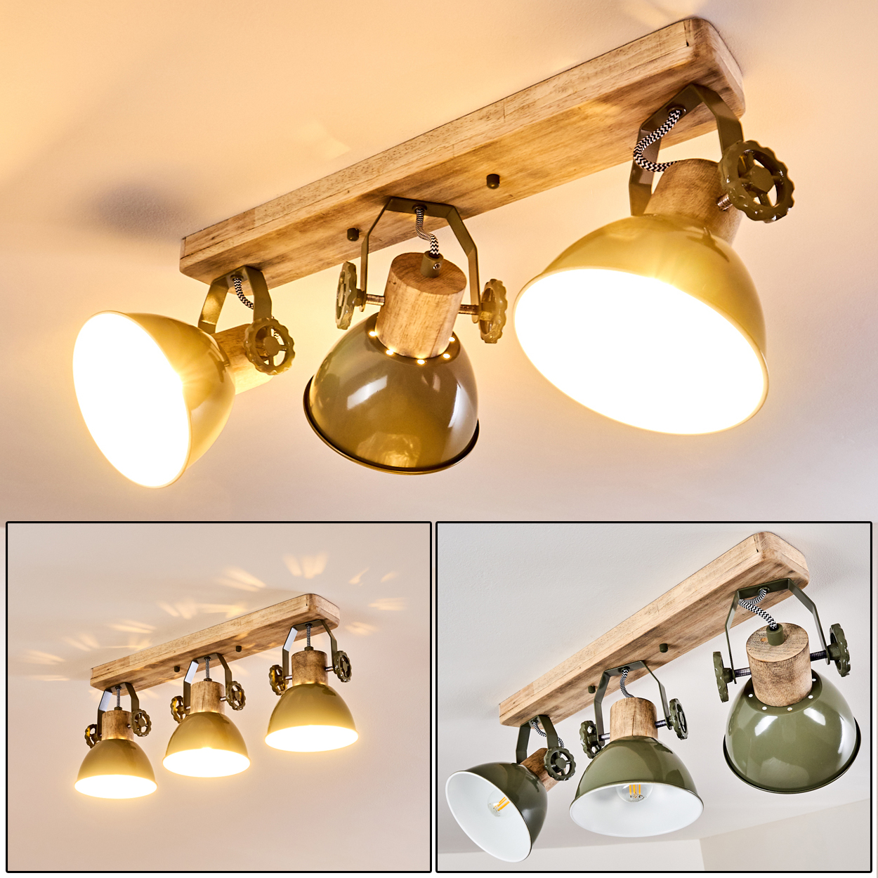 Deckenleuchte mit Holzsockel und drei verstellbaren Metallschirmen in Olivgrün und Messing.