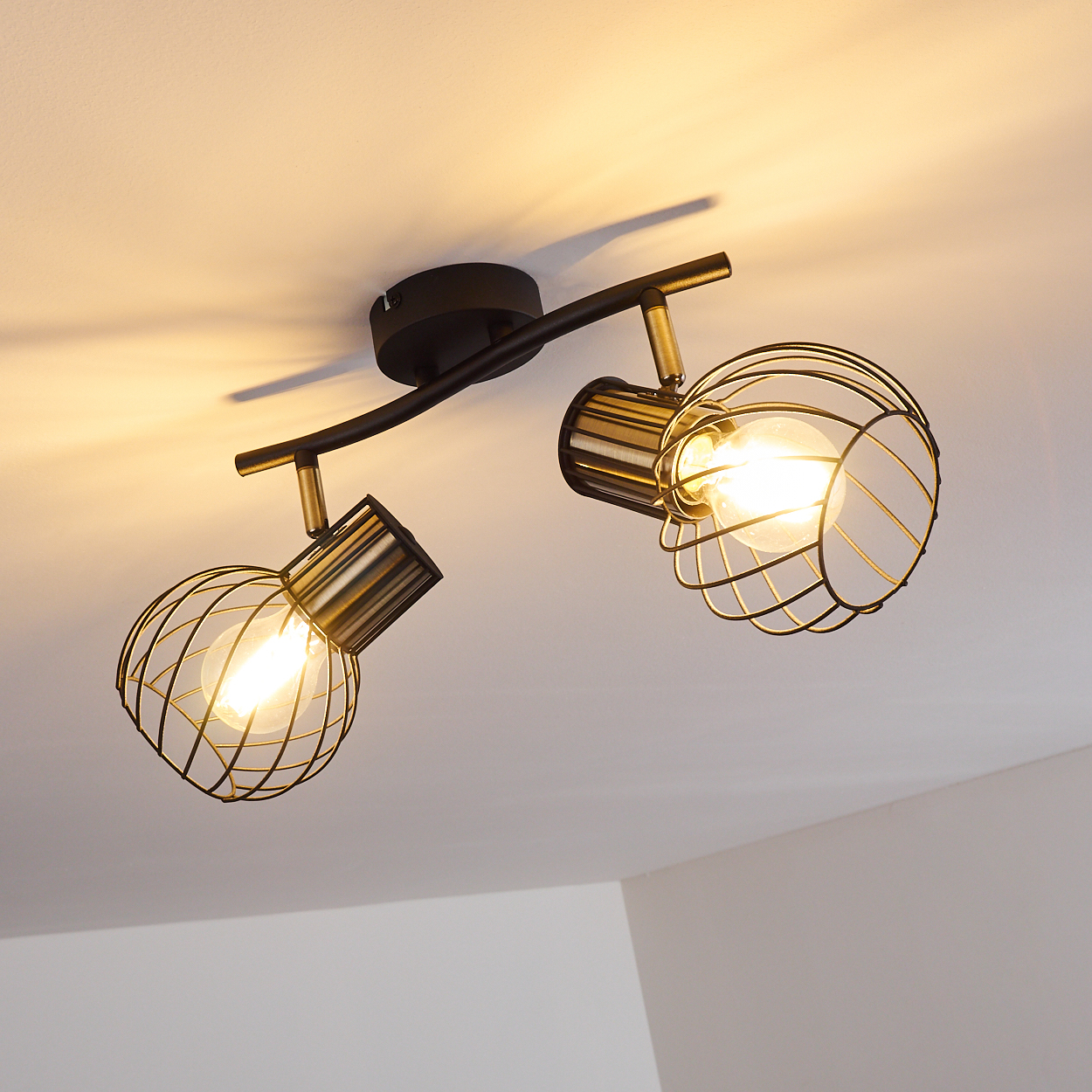 Zwei schwarze Lampen mit Drahtkörben und Glühbirnen an einer Decke.
