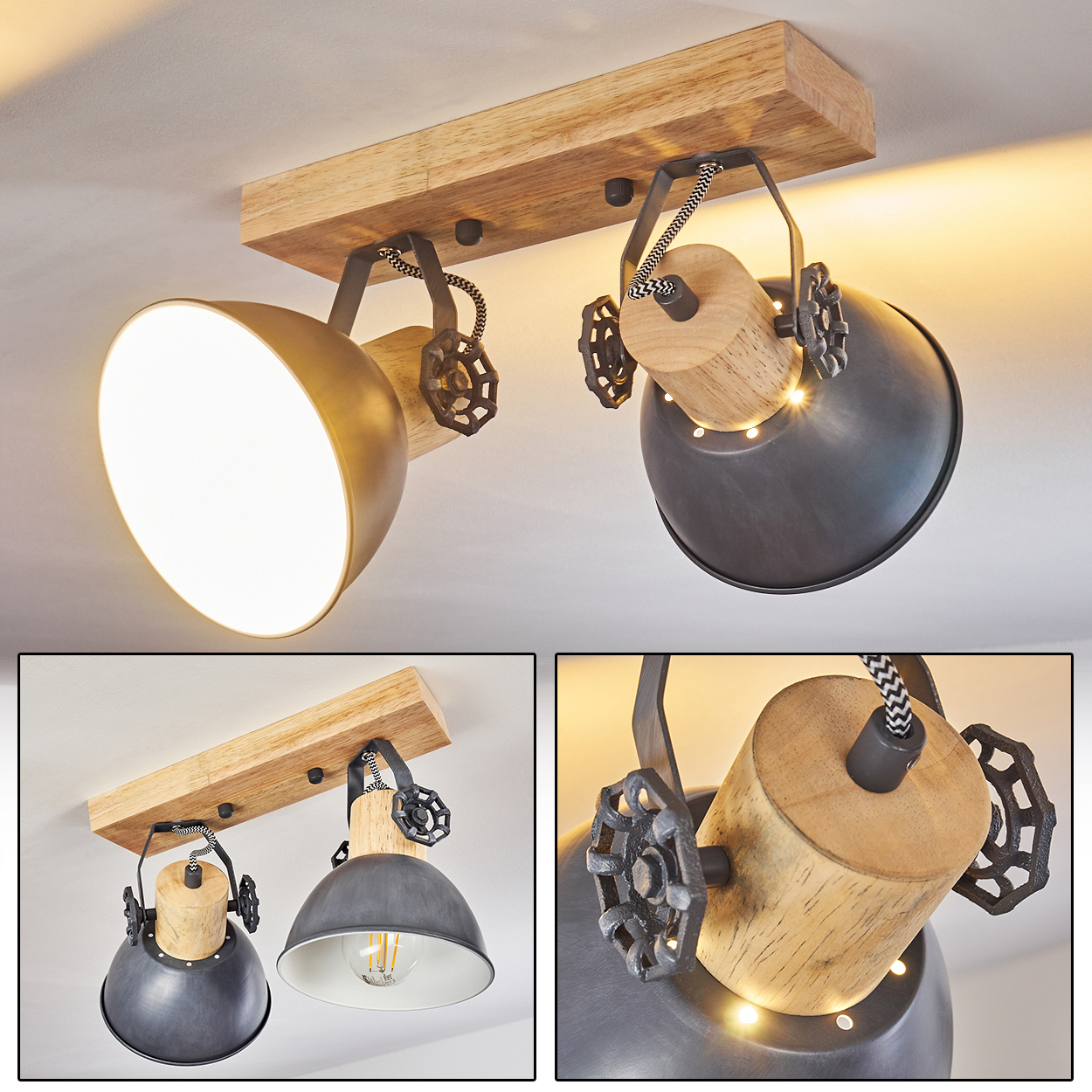 Zwei Lampen mit Holzsockel und Metallschirmen, verstellbar.