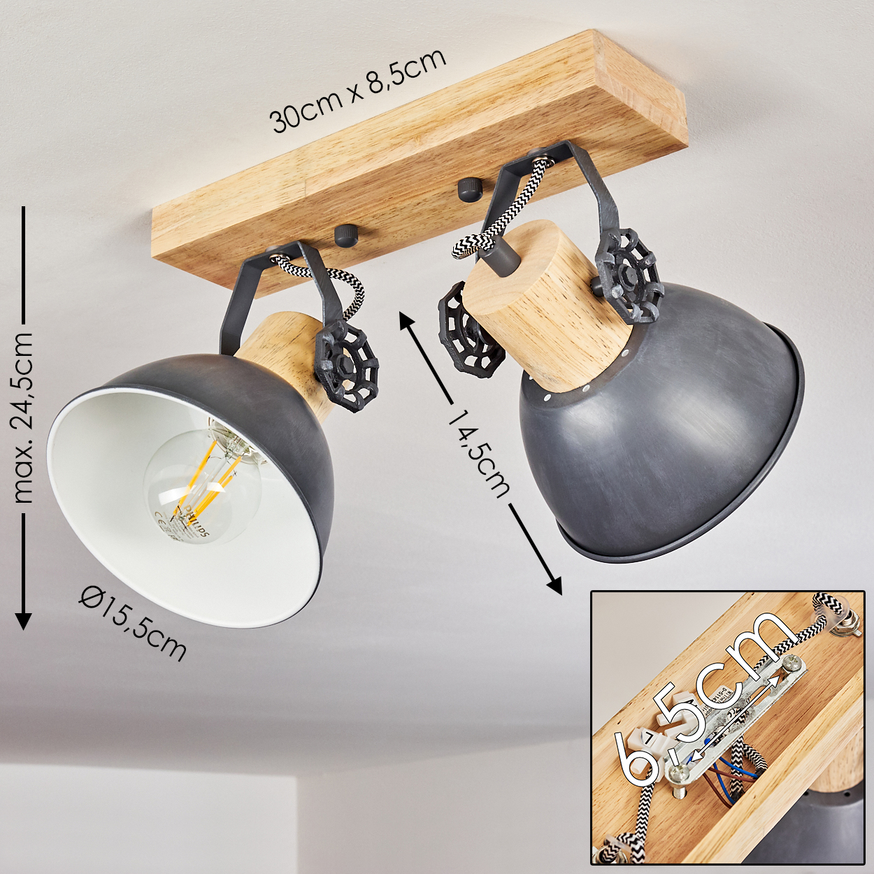 Deckenleuchte mit Holzsockel, zwei grauen Schirmen und sichtbarer Glühbirne.