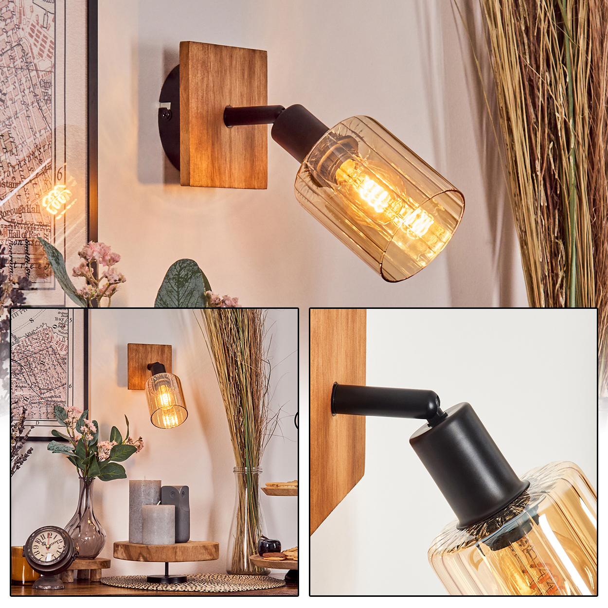 Eine Wandleuchte mit Holzsockel, schwarzem Arm und bernsteinfarbenem Glas.