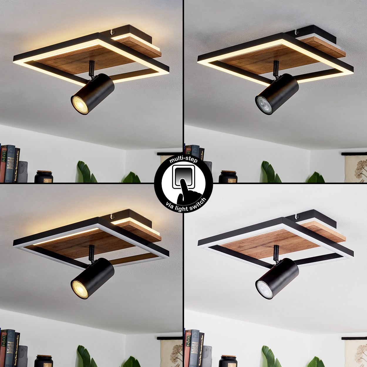 Moderne Deckenleuchte mit Holz und Metall, verstellbarer Spot, vier Lichtstufen.