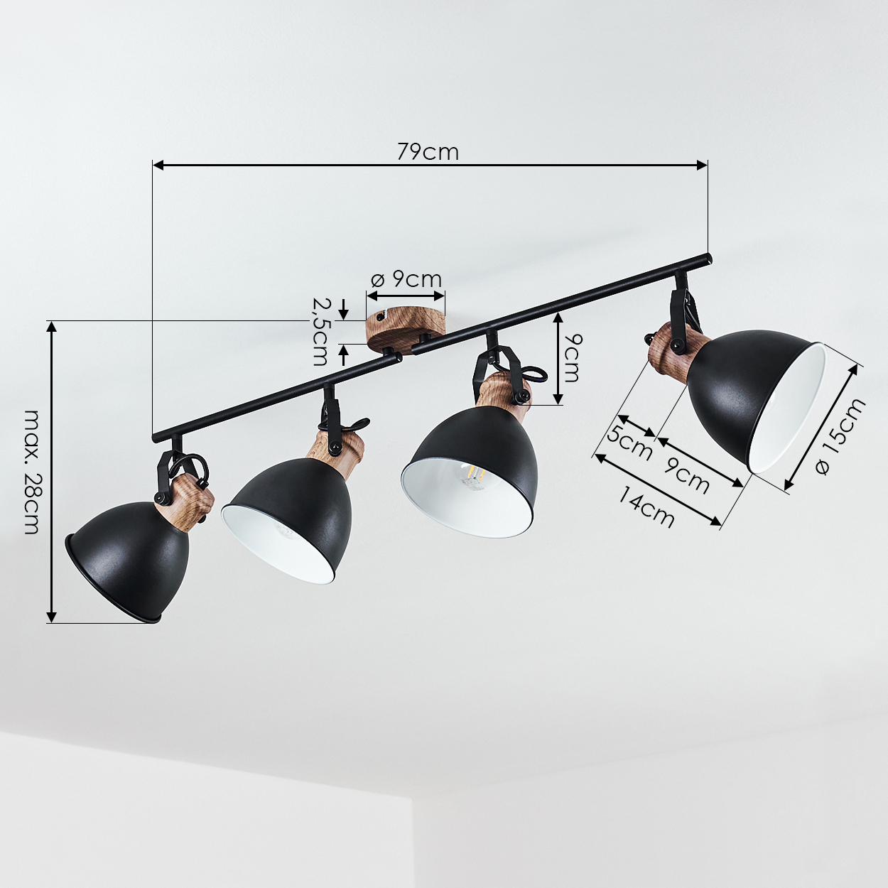 Schwarzer Deckenstrahler mit Holzdetails, 79cm lang, max. 28cm hoch.