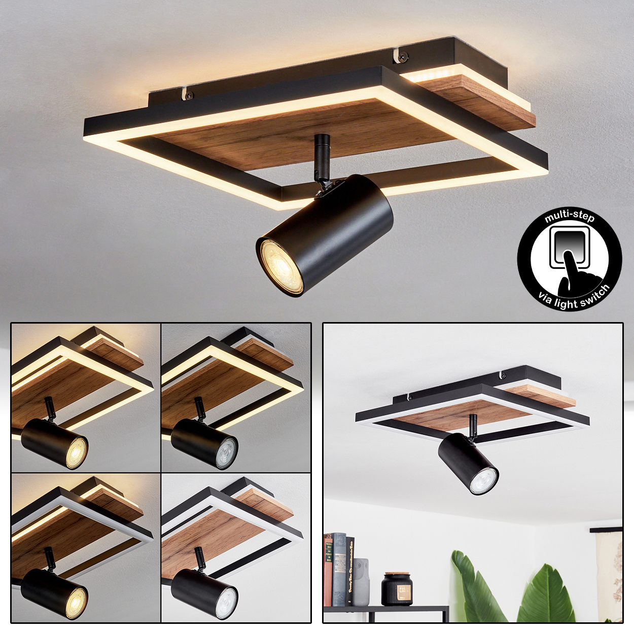 Moderne Deckenleuchte mit Holz und schwarzem Spot, quadratisch, mit LED-Rahmen.