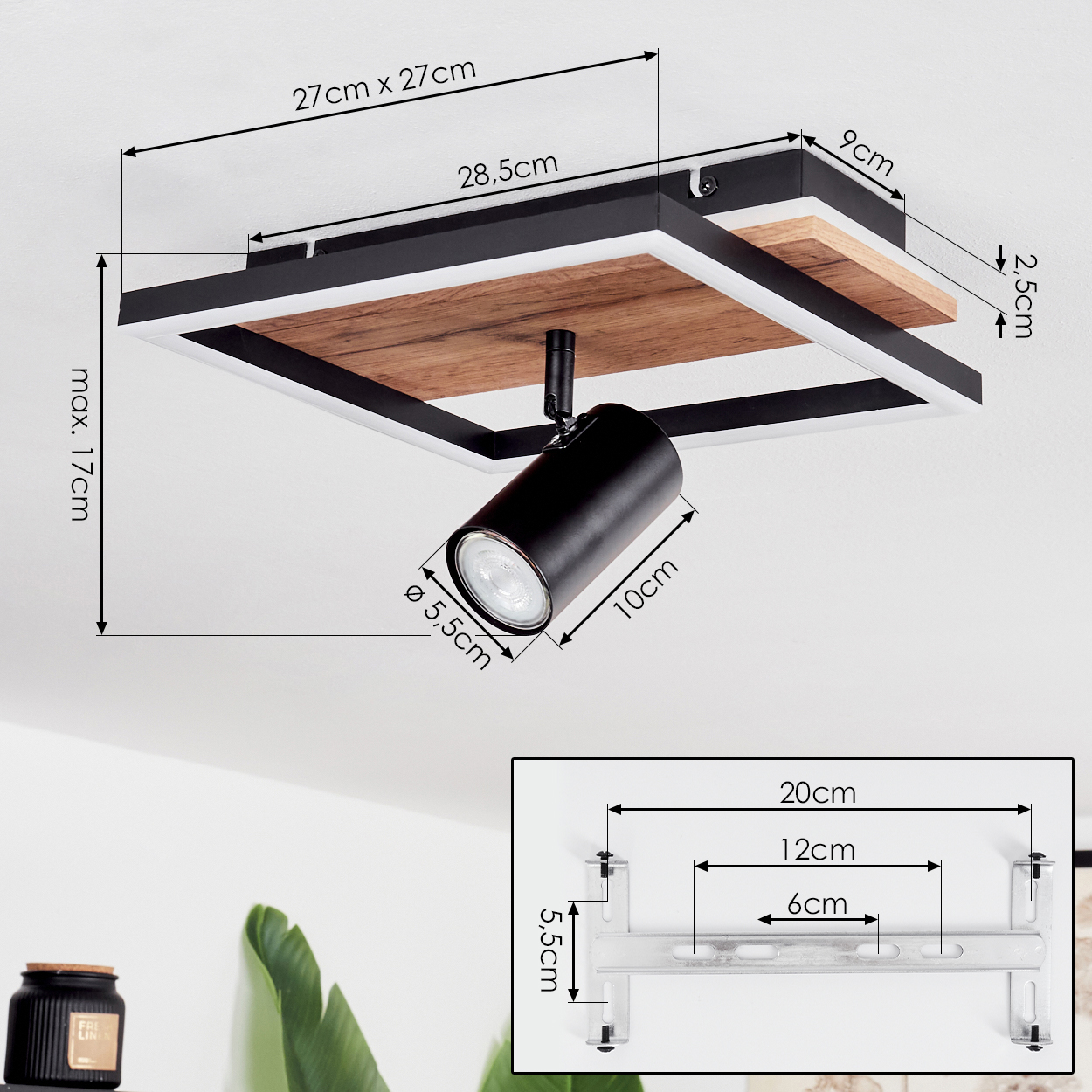 Deckenleuchte mit Holz- und Metallelementen, verstellbarem Spot und Maßen.