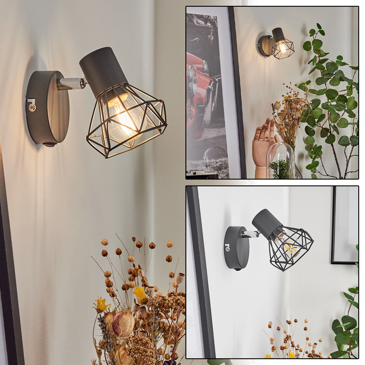 Eine schwarze Wandleuchte mit Käfigschirm beleuchtet einen Raum mit Deko-Elementen.