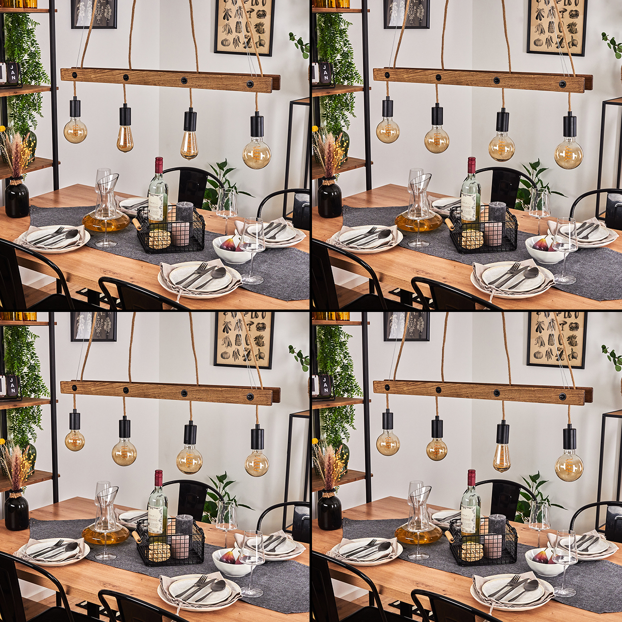 Ein Holztisch ist gedeckt mit Tellern, Gläsern, Karaffe und Wein.