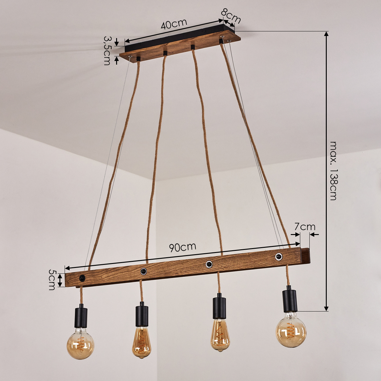 Holz-Hängeleuchte mit 4 Edison-Lampen und braunen Kabeln.
