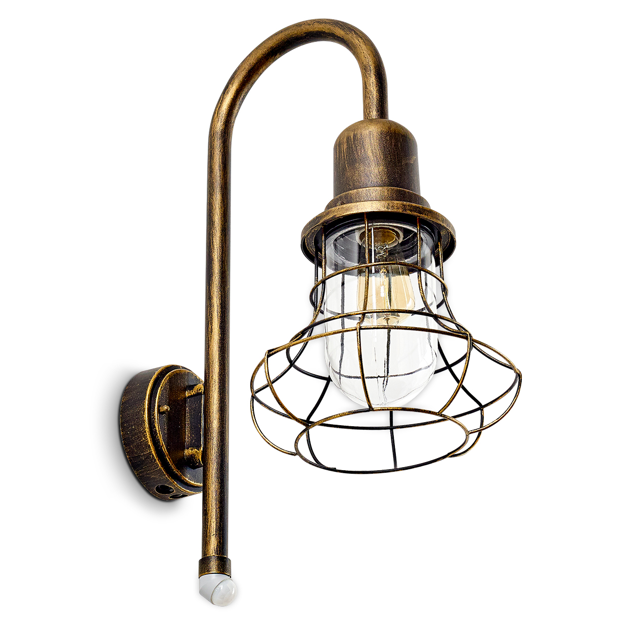 Eine bronzefarbene Wandleuchte mit Käfig-Schirm und sichtbarer Glühbirne.