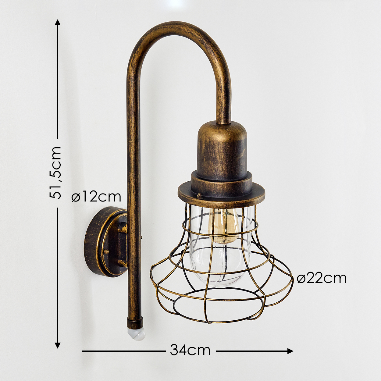 Eine bronzefarbene Wandleuchte mit Metallkäfig und Glasabdeckung.
