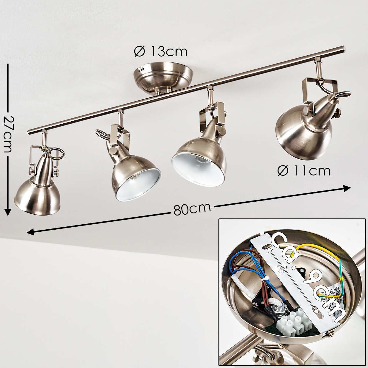 Deckenleuchte mit vier verstellbaren Spots, gebürstet, 80cm lang.