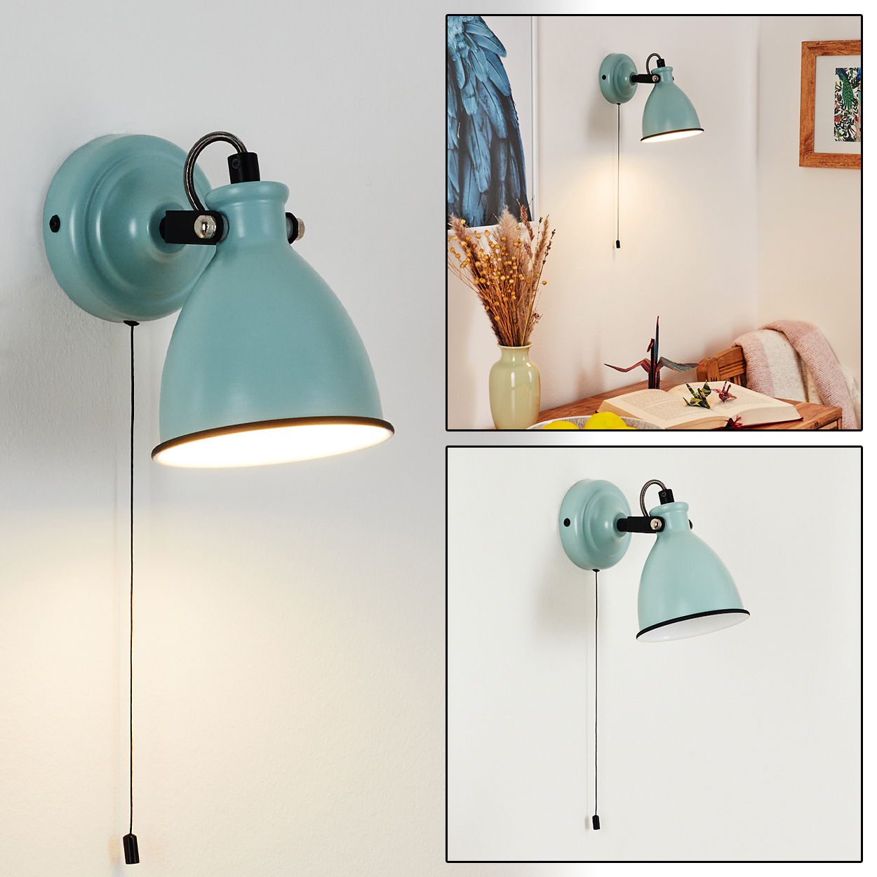 Eine hellblaue Wandleuchte mit Zugschalter an einer wei ßen Wand.