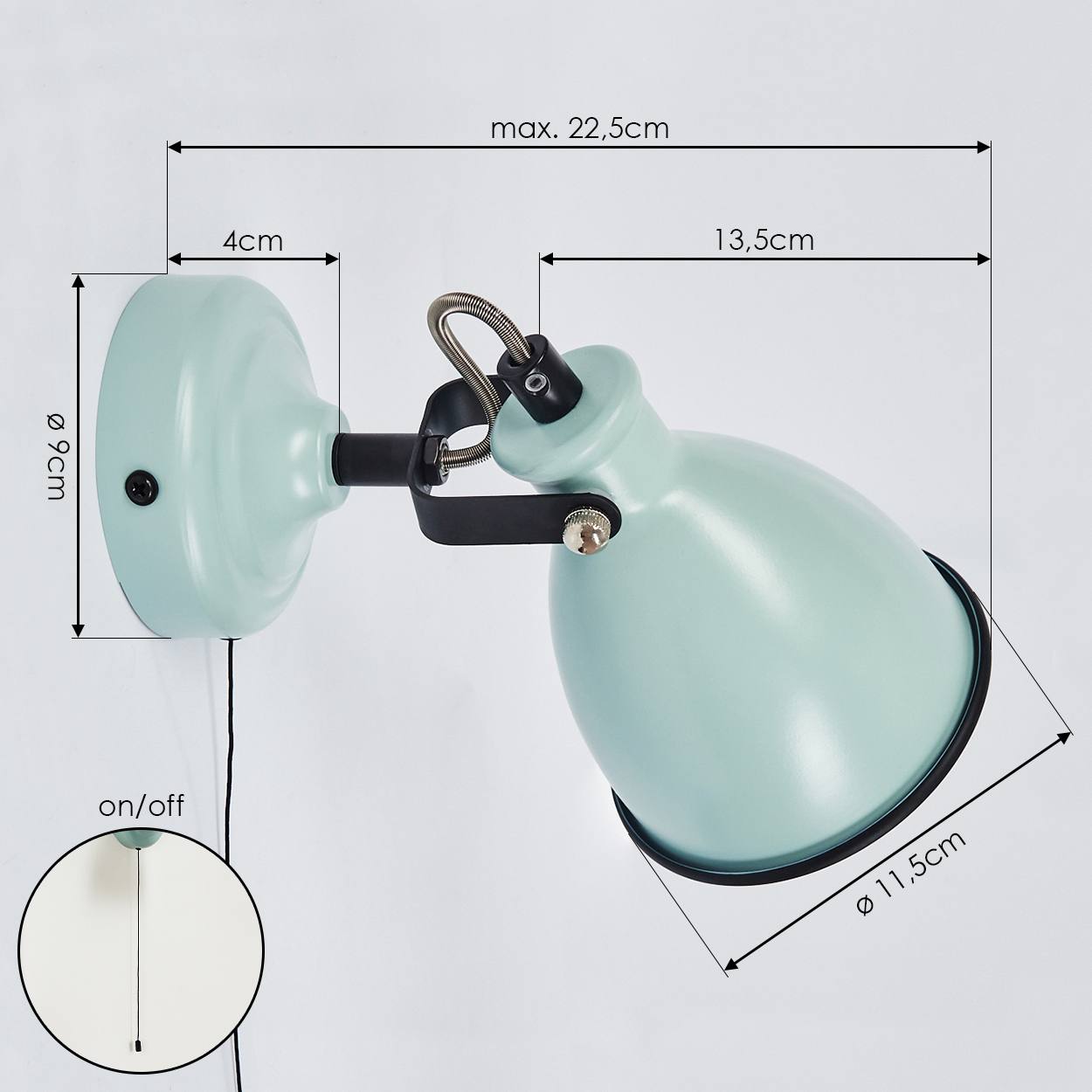 Eine hellgrüne Wandlampe mit schwarzen Akzenten und Maßen.