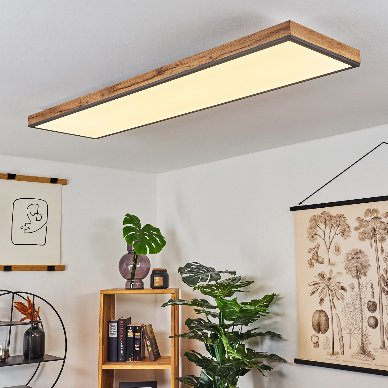 Eine rechteckige Deckenleuchte mit Holzdekor-Rahmen hängt über einem Regal mit Pflanzen und Büchern.