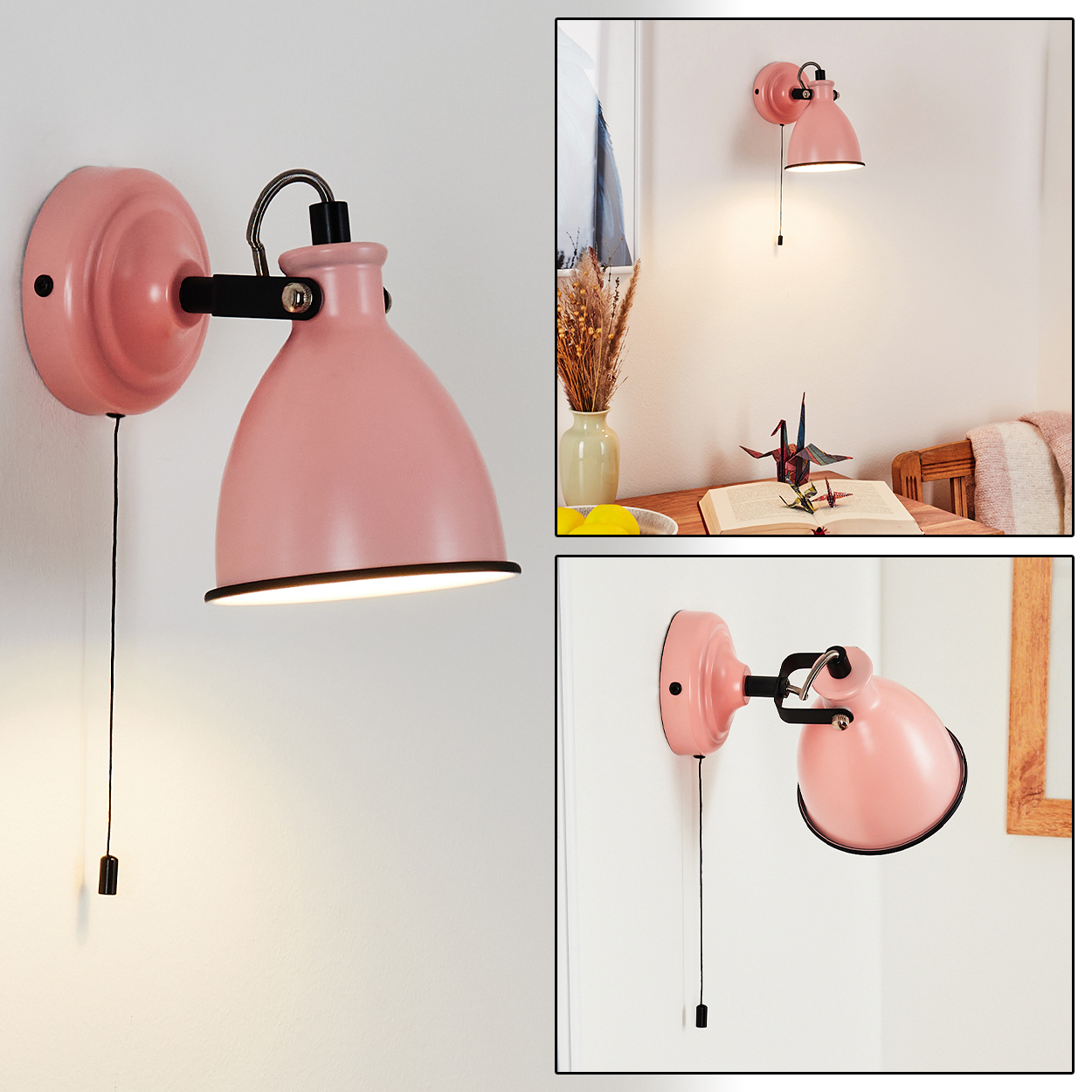 Eine rosafarbene Wandleuchte mit schwarzem Zugschalter an einer weißen Wand.