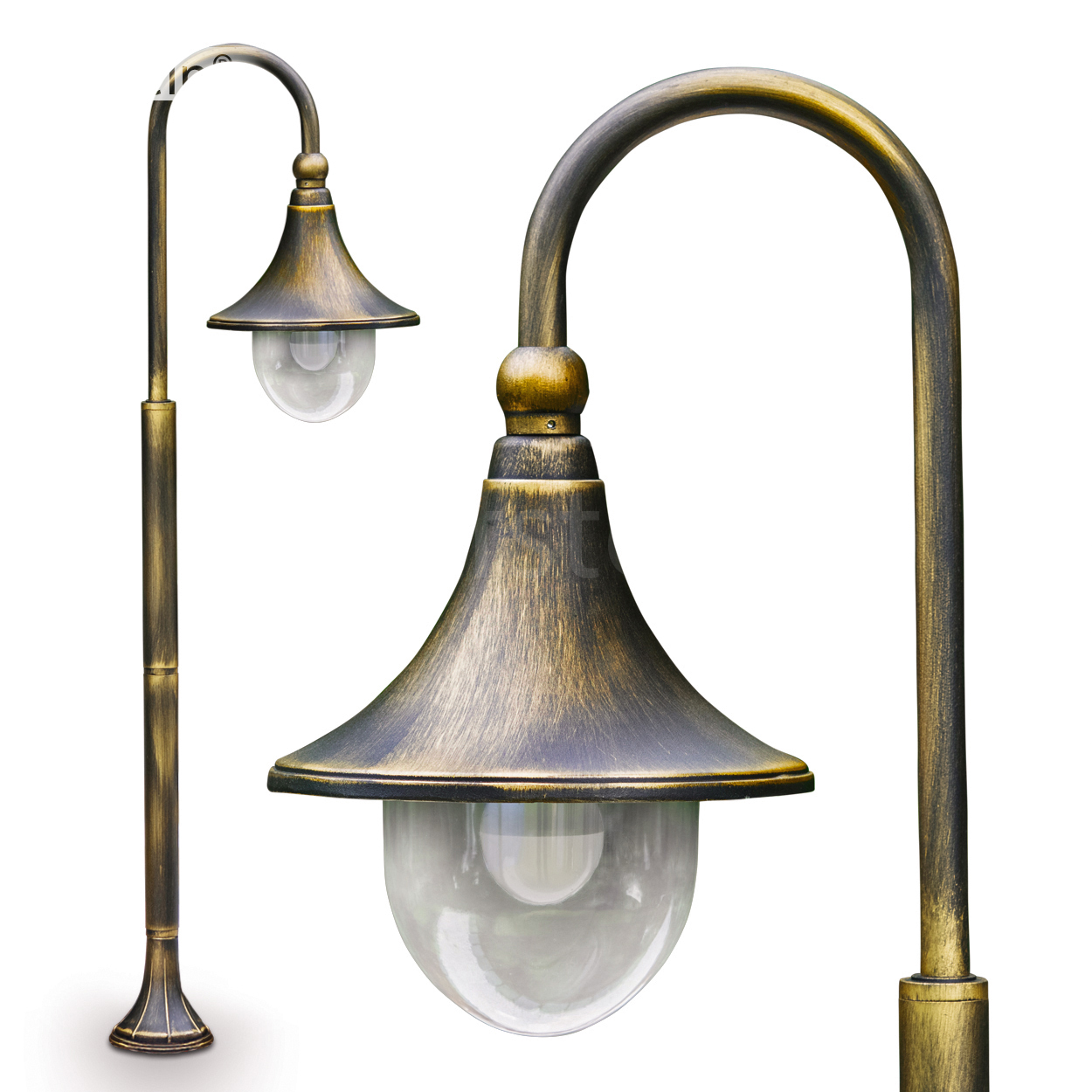 Zwei bronzefarbene Gartenlaternen mit Glaskuppeln stehen nebeneinander.