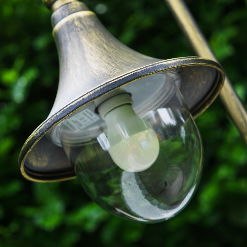 Eine goldene Lampe mit Glühbirne im Vordergrund, grünes Laub im Hintergrund.