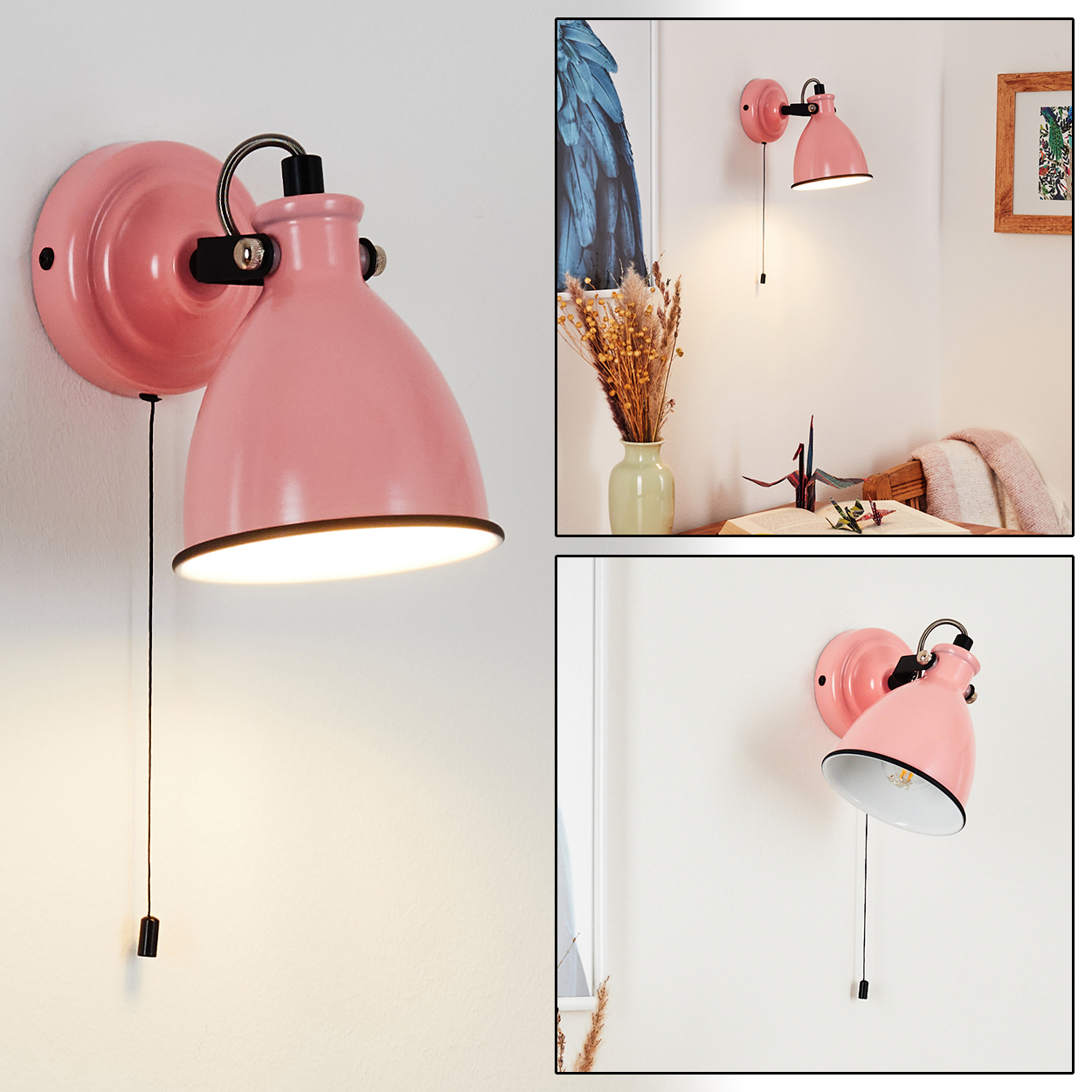 Eine rosafarbene Wandleuchte mit Zugschalter an einer weißen Wand.