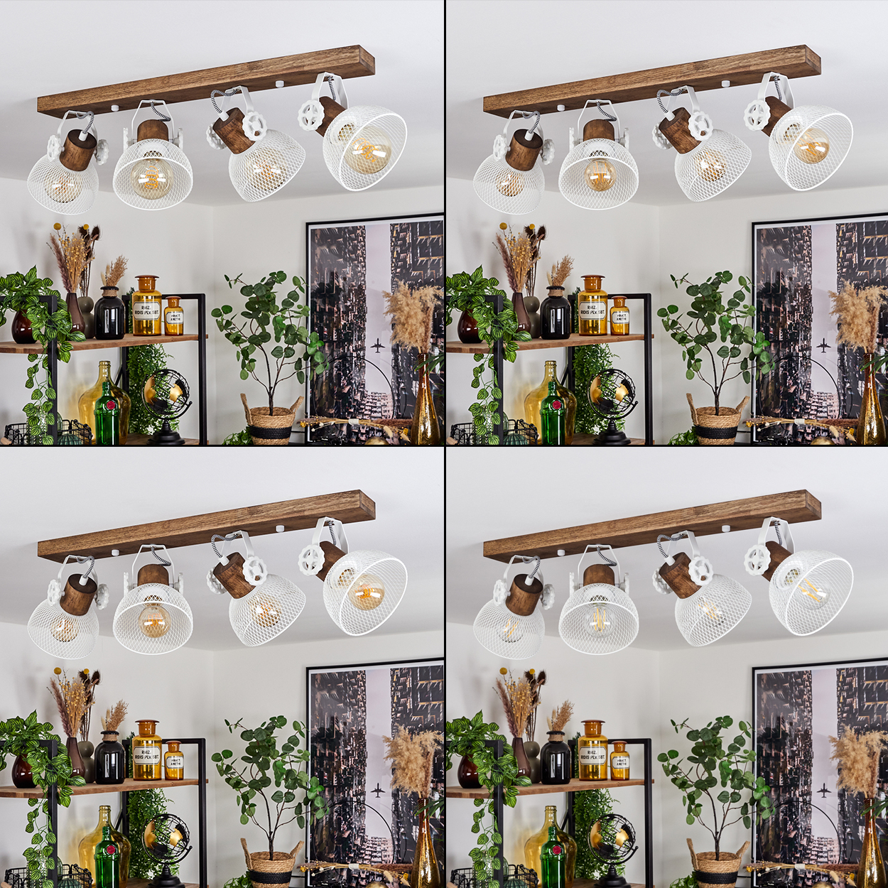 Deckenleuchte mit vier weißen Lampenschirmen an Holzsockel, neben Regal mit Pflanzen.