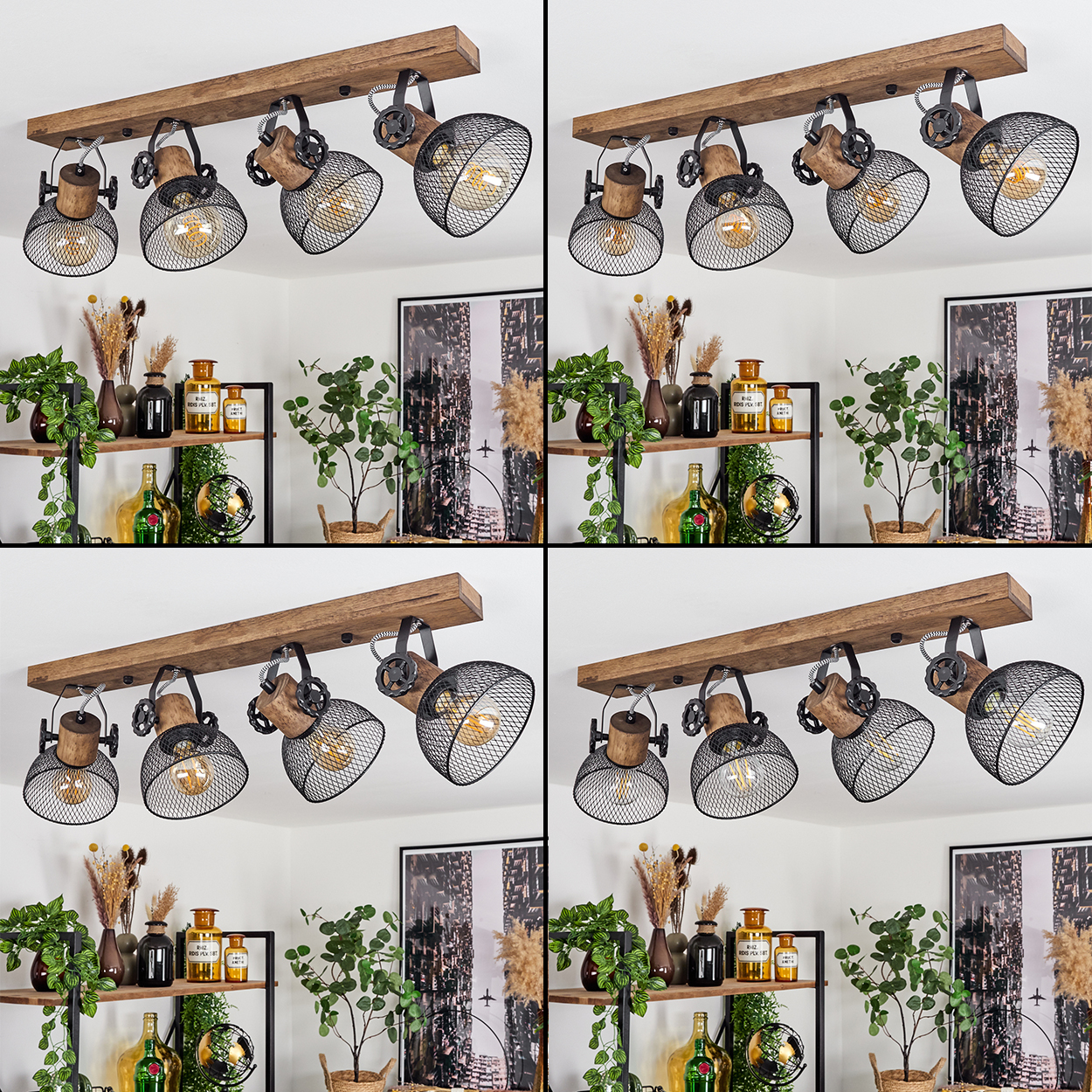 Holzdeckenlampe mit vier verstellbaren schwarzen Gitterschirmen und Holzakzenten.