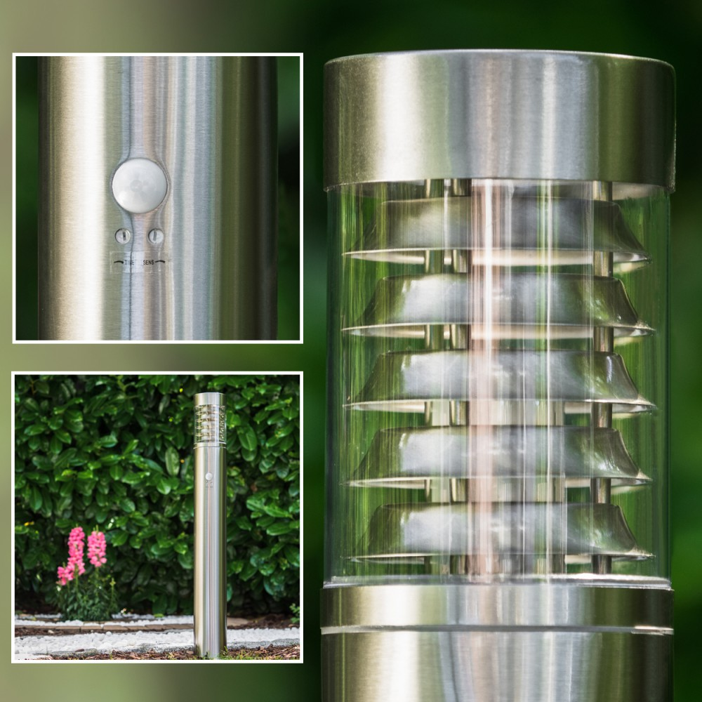 Edelstahl-Gartenleuchte mit Glaszylinder und mehreren Lampenschirmen.