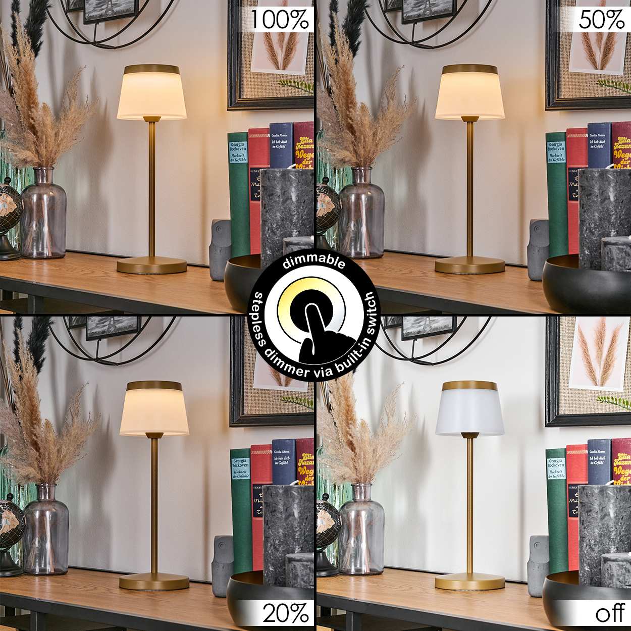 Lampe auf einem Regal bei 100%, 50%, 20% und AUS.