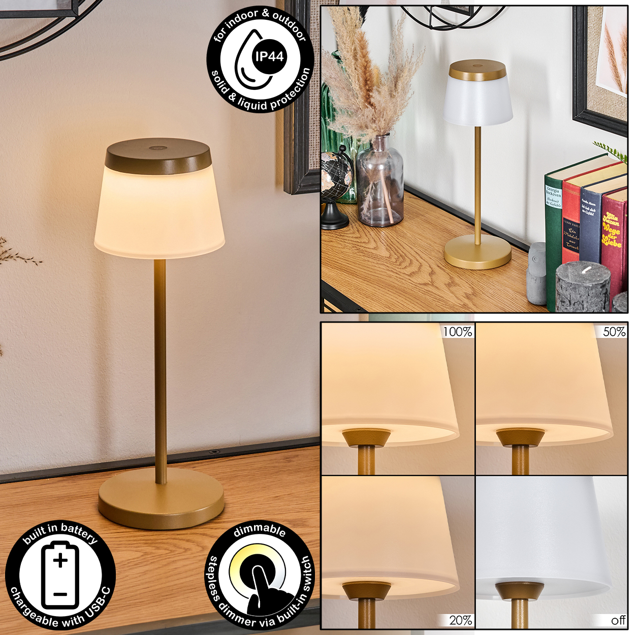 Eine goldene Tischlampe mit weißem Schirm ist dimmbar und per USB-C aufladbar.