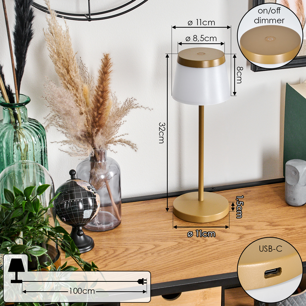 Goldene Tischlampe, 32cm hoch, mit weißem Schirm und USB-C-Anschluss.