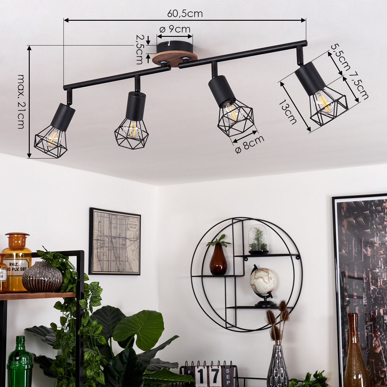 Schwarzer Deckenstrahler mit vier Lampen und geometrischen Käfigschirmen, Maße angegeben.