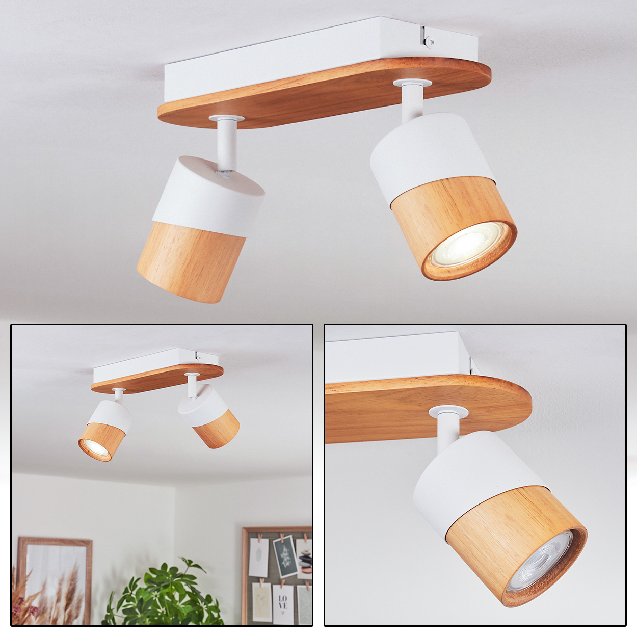 Zwei Lampenschirme aus Holz und Weiß, an einer Holzleiste montiert.
