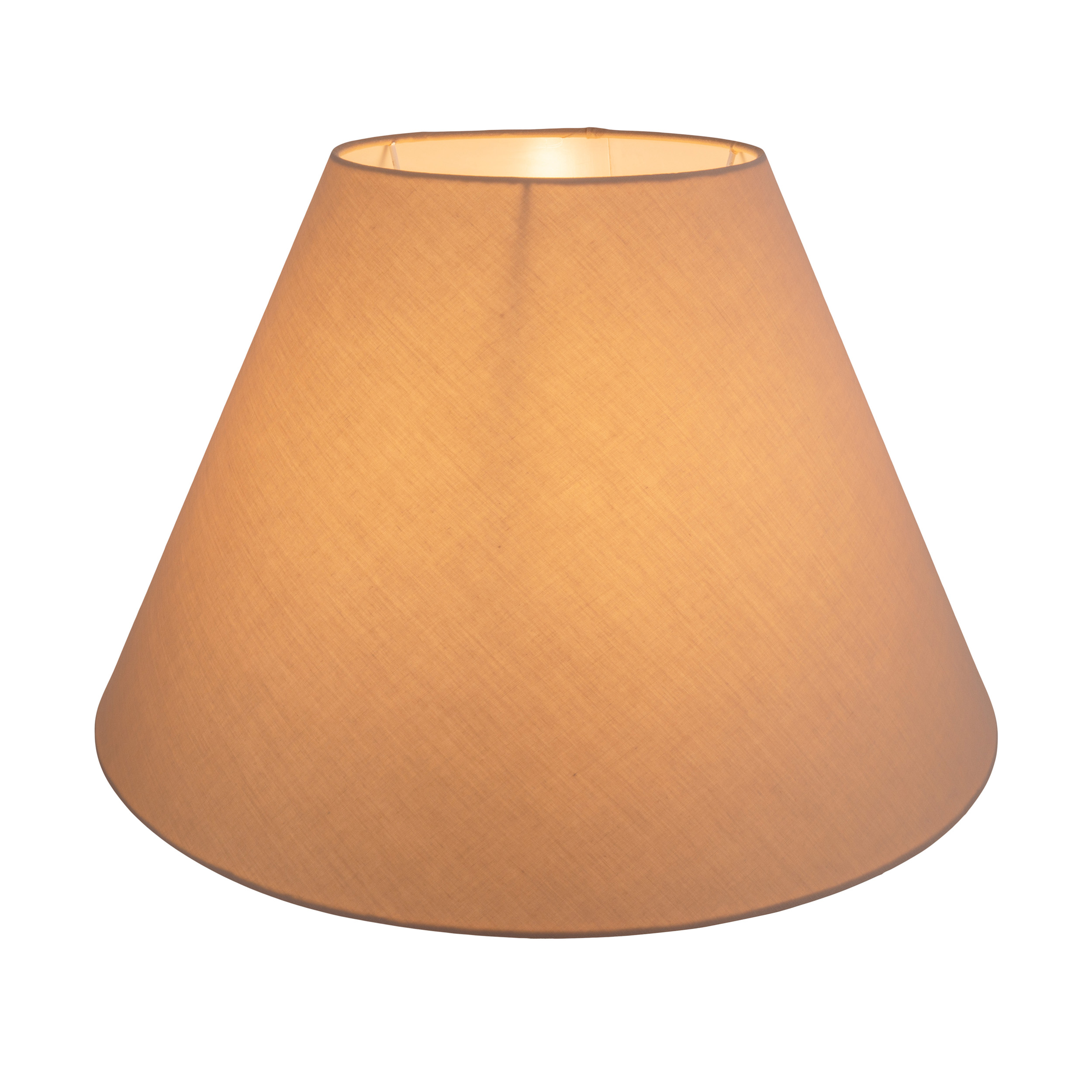Ein heller Lampenschirm aus Stoff mit konischer Form.