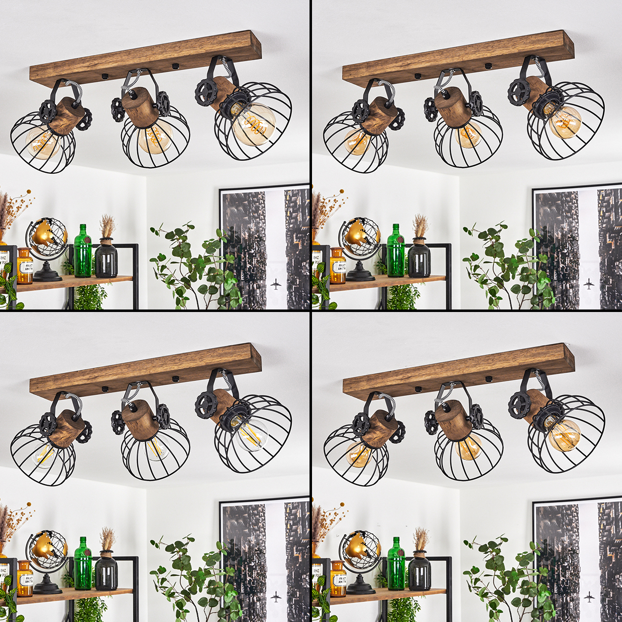 Holzdeckenleuchte mit drei schwarzen Käfiglampenschirmen und Edison-Glühbirnen.