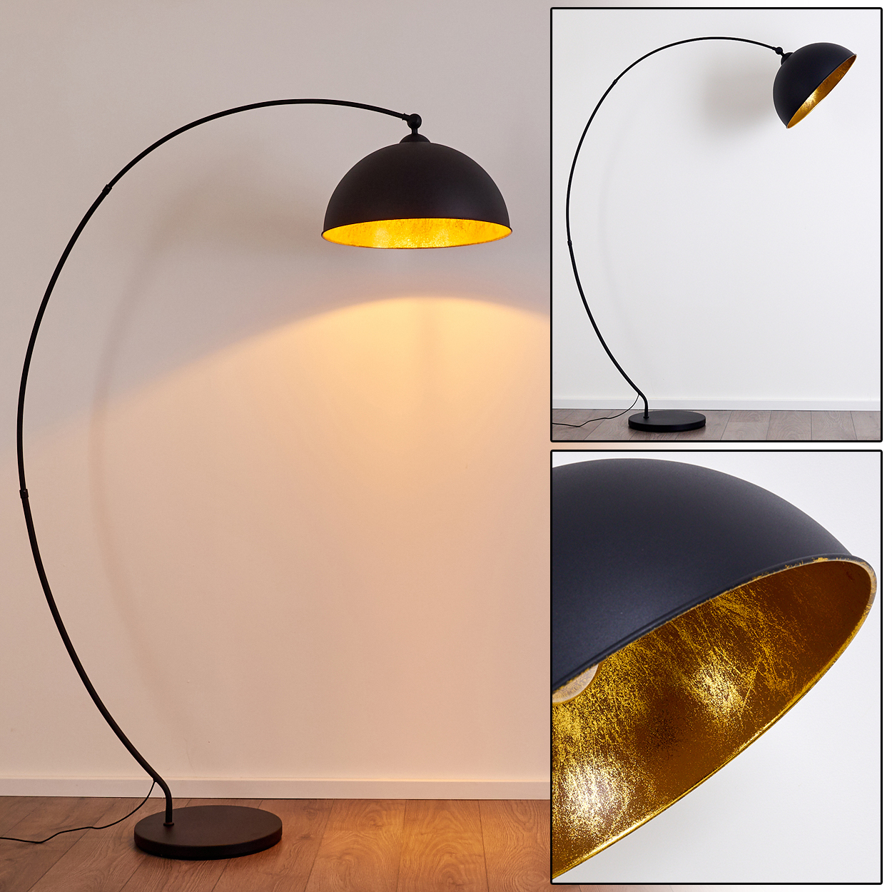 Schwarzer Bogenlampenschirm mit goldener Innenseite, leuchtet warm.