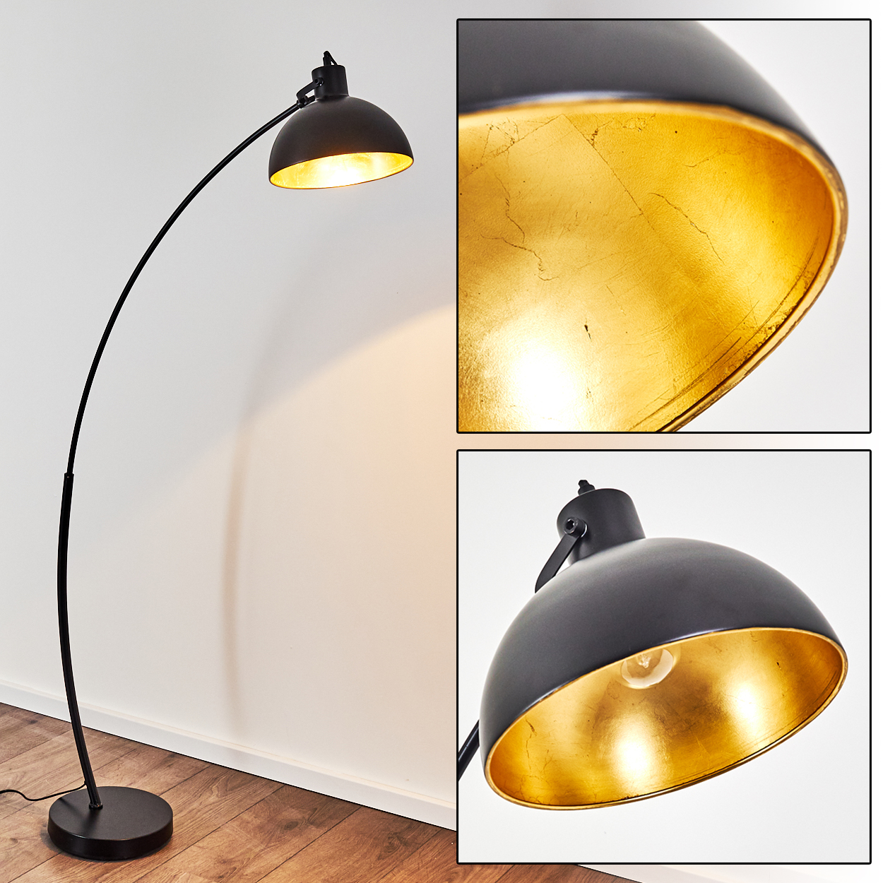 Eine schwarze Bogen-Stehlampe mit goldenem Innenschirm beleuchtet eine weiße Wand und Holzboden.