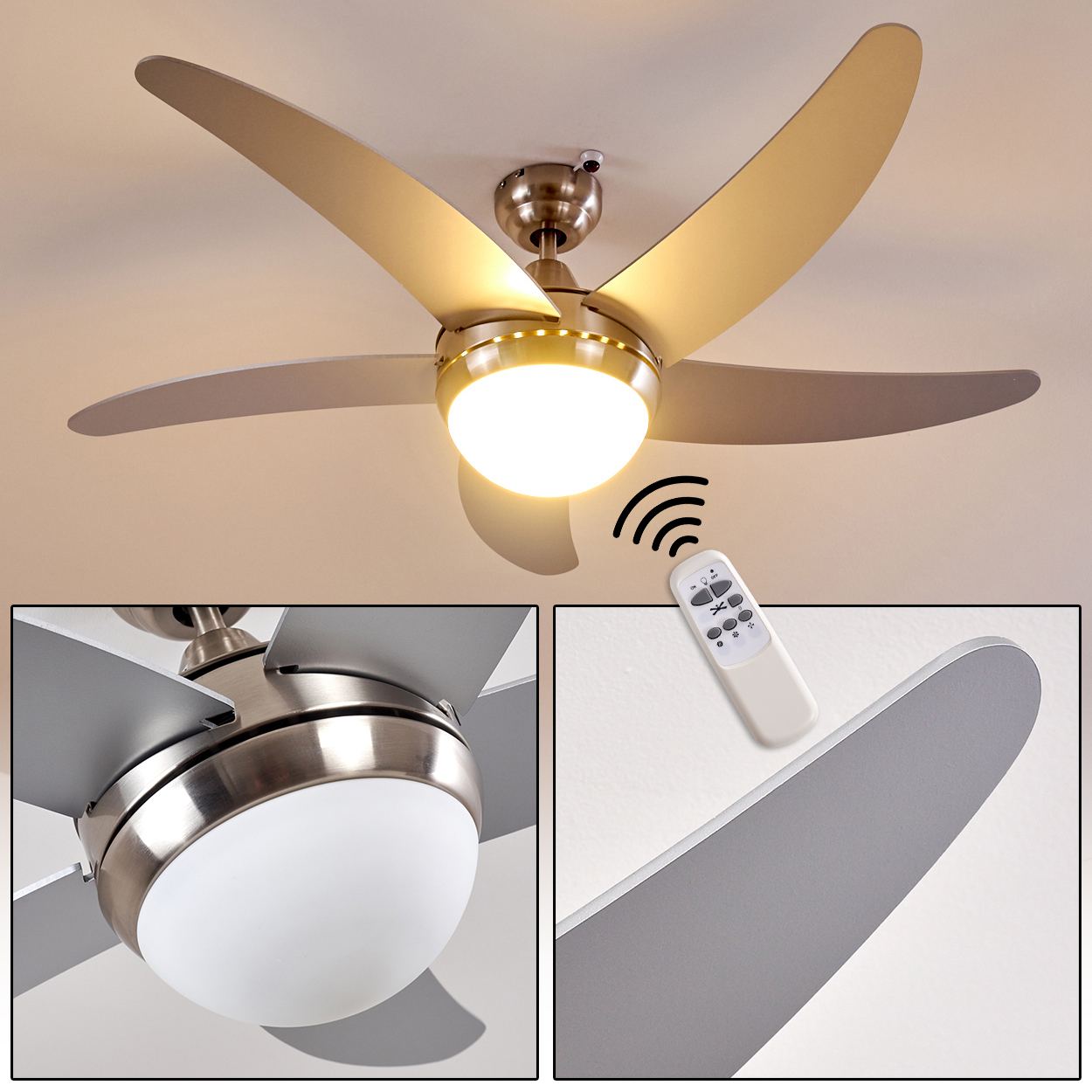 Ein moderner Deckenventilator mit Licht und Fernbedienung wird gezeigt.