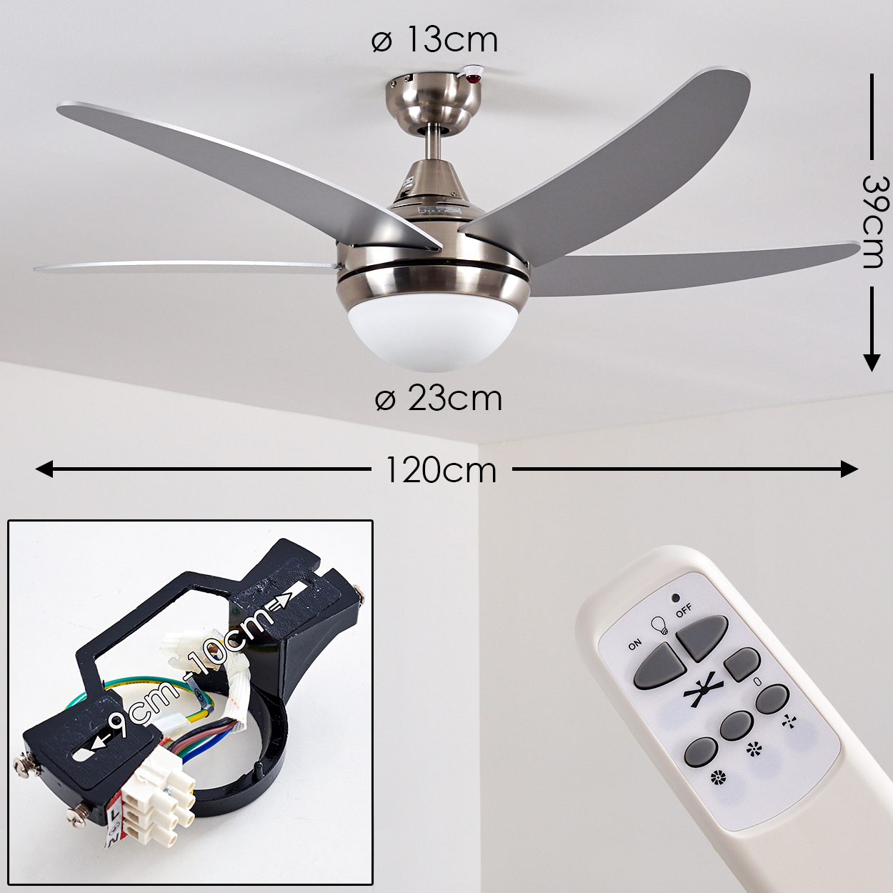 Deckenventilator mit Licht, 120cm Durchmesser, mit Fernbedienung und Montagezubehör.