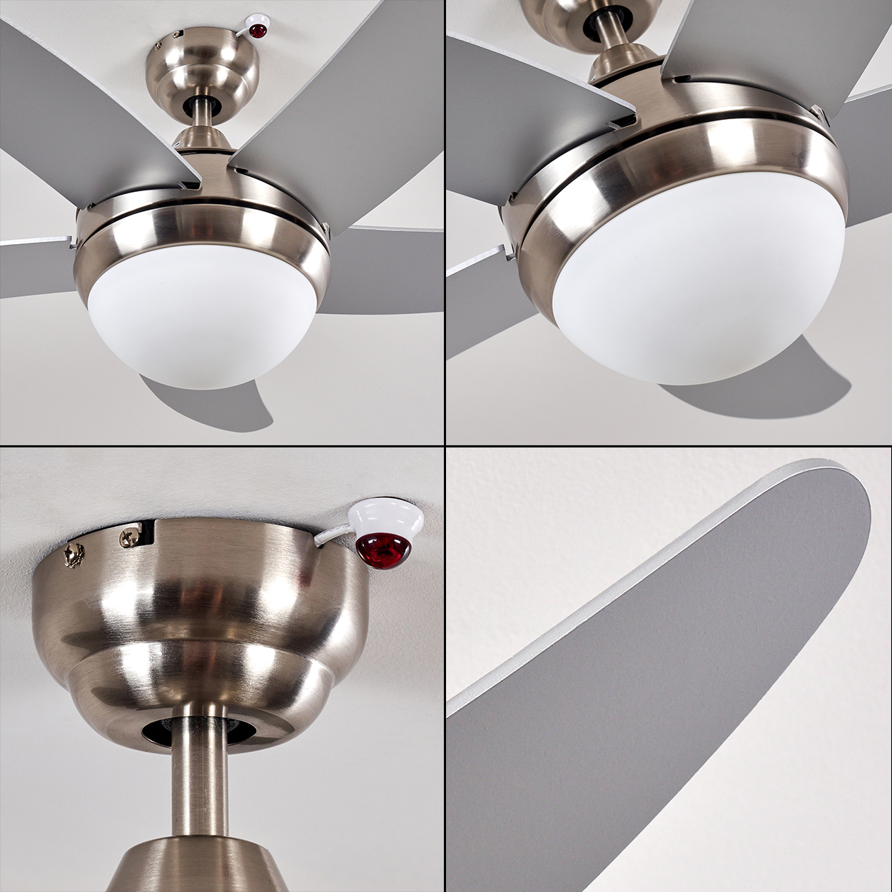 Deckenventilator mit 4 silbernen Flügeln, weißer Leuchte und Metallgehäuse.
