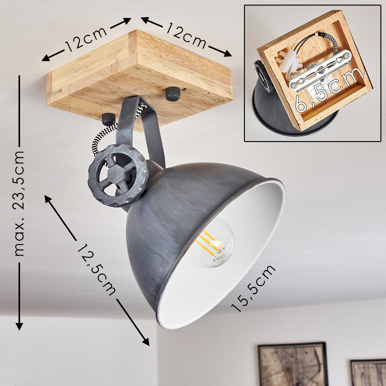 Graue Lampe mit Holzbefestigung, Maße sind angegeben.
