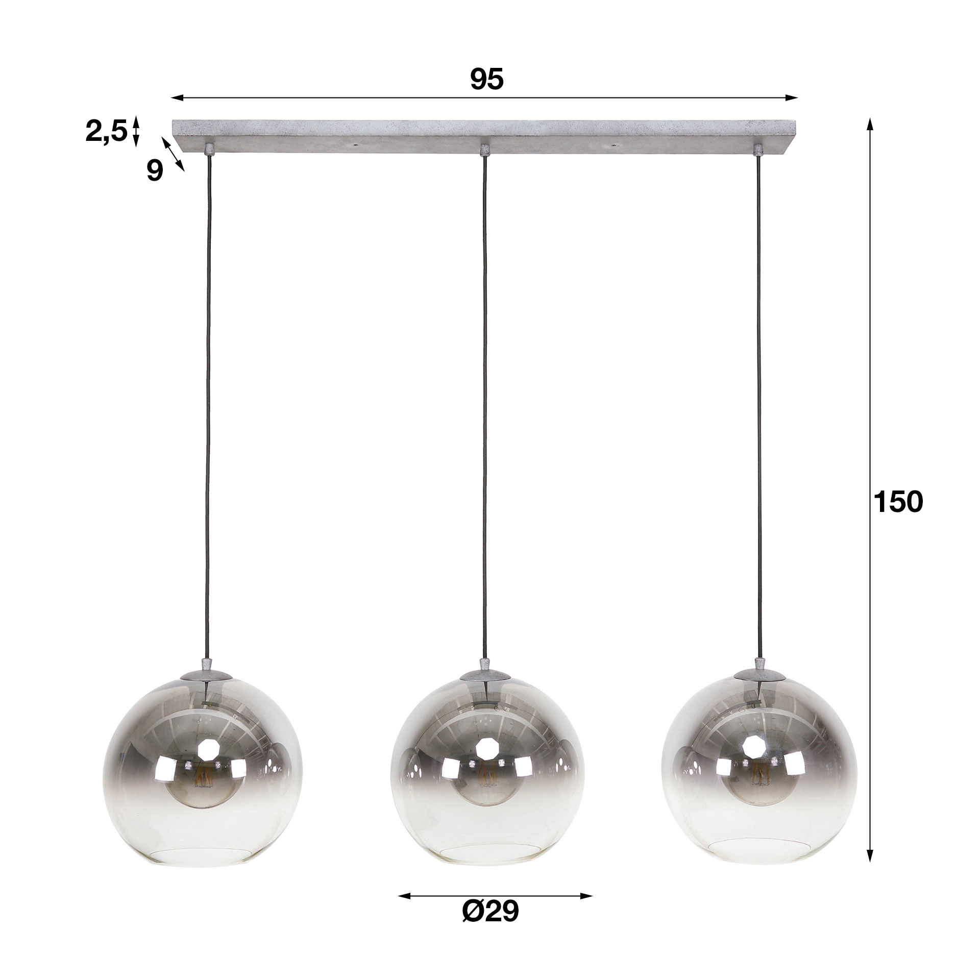 Eine Hängeleuchte mit drei kugelförmigen Lampenschirmen aus Glas.