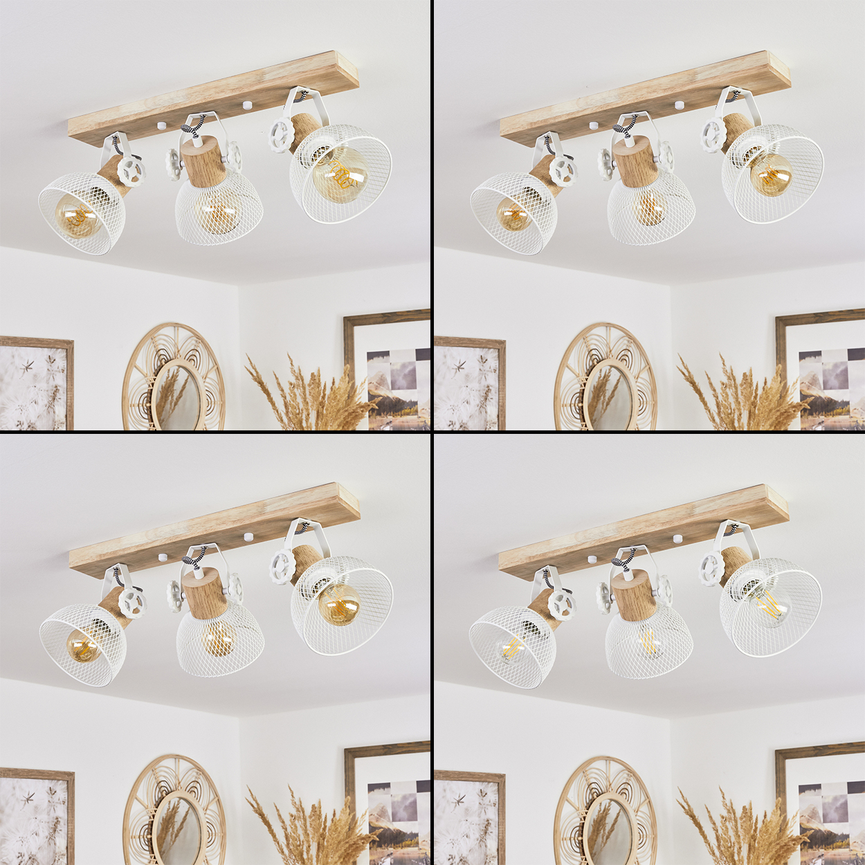 Holzdeckenleuchte mit drei weißen, gitterartigen Lampenschirmen und Holzdetails.
