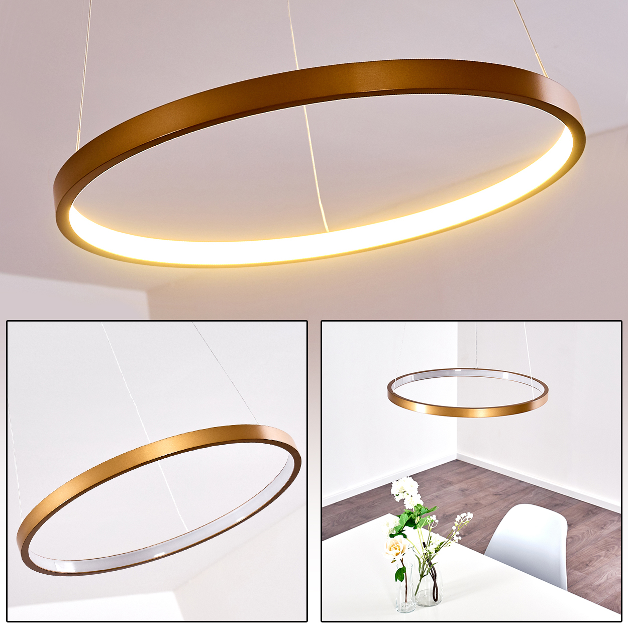 Eine goldene Ringlampe hängt über einem Esstisch mit Blumen.